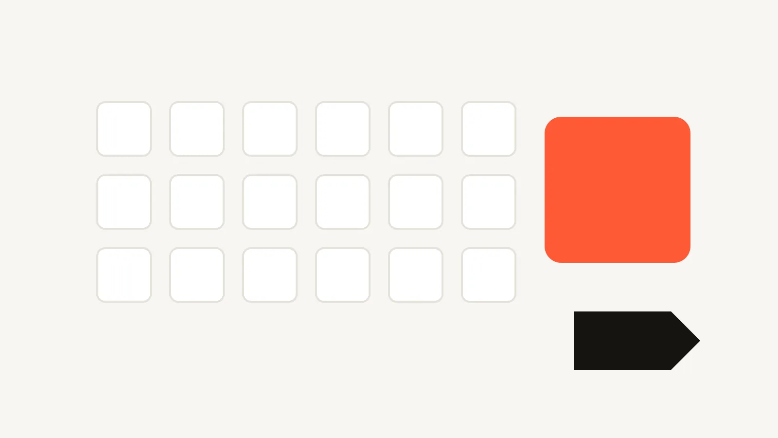 Can AI Redesign My Existing Website? What Works in 2026: three rows of small product squares on cream with a larger orange square and an ink price tag shape